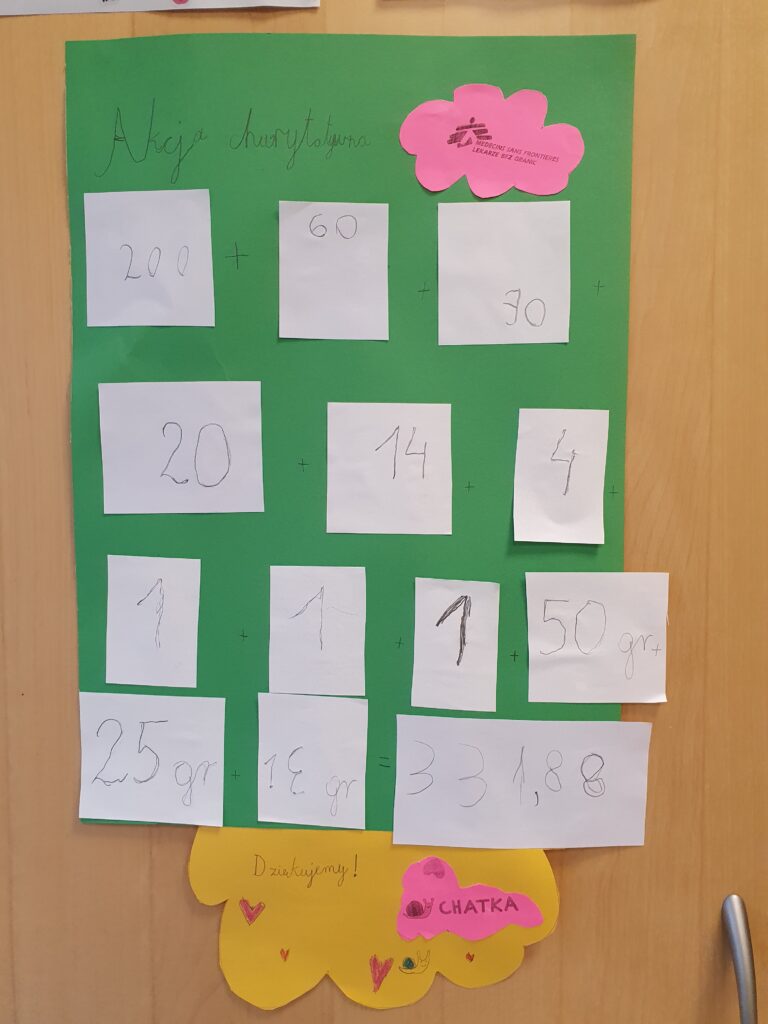 Dzieci liczące monety i banknoty zebrane podczas
przedszkolnej zbiórki charytatywnej